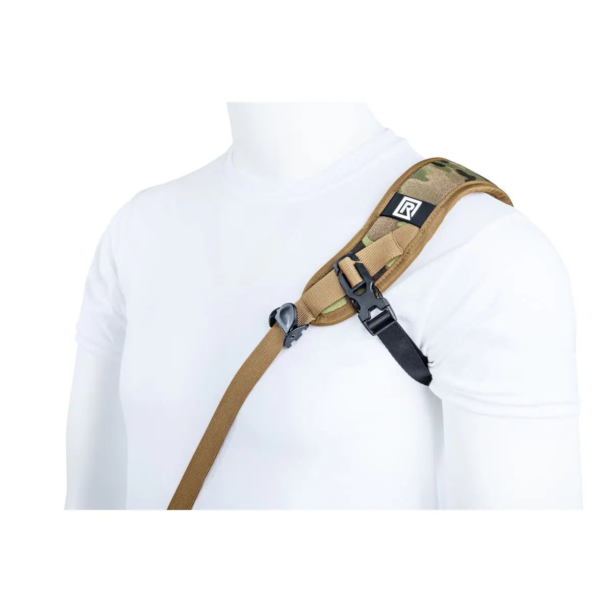 Tan shoulder strap with black buckle on a mannequin wearing a white shirt.