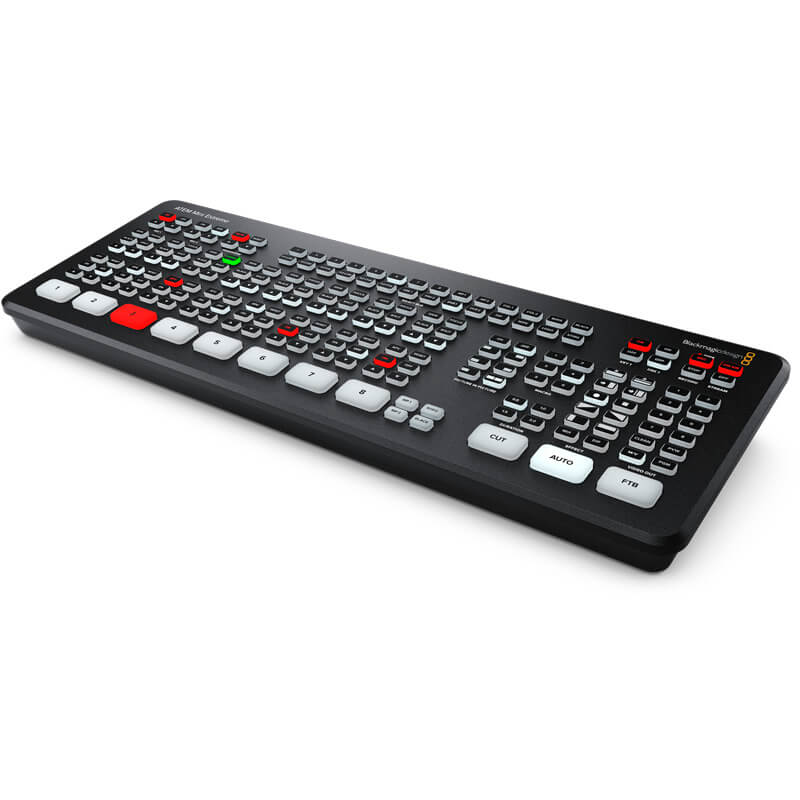 Blackmagic ATEM Mini Extreme video switcher with numerous buttons and controls, primarily in black color.