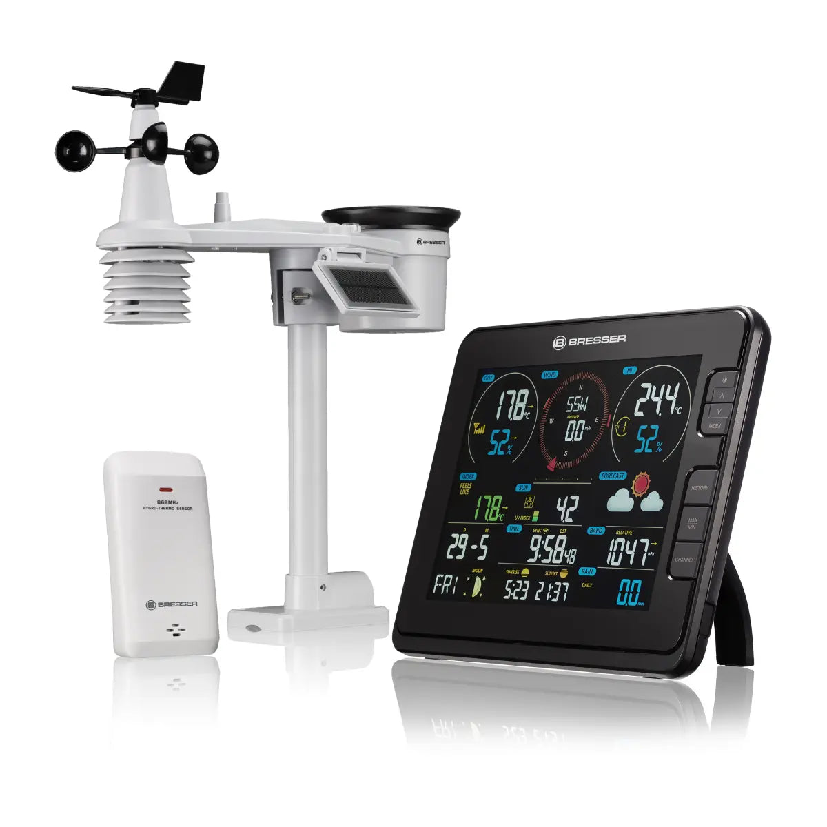 Weather station with digital display and outdoor sensor on a white background