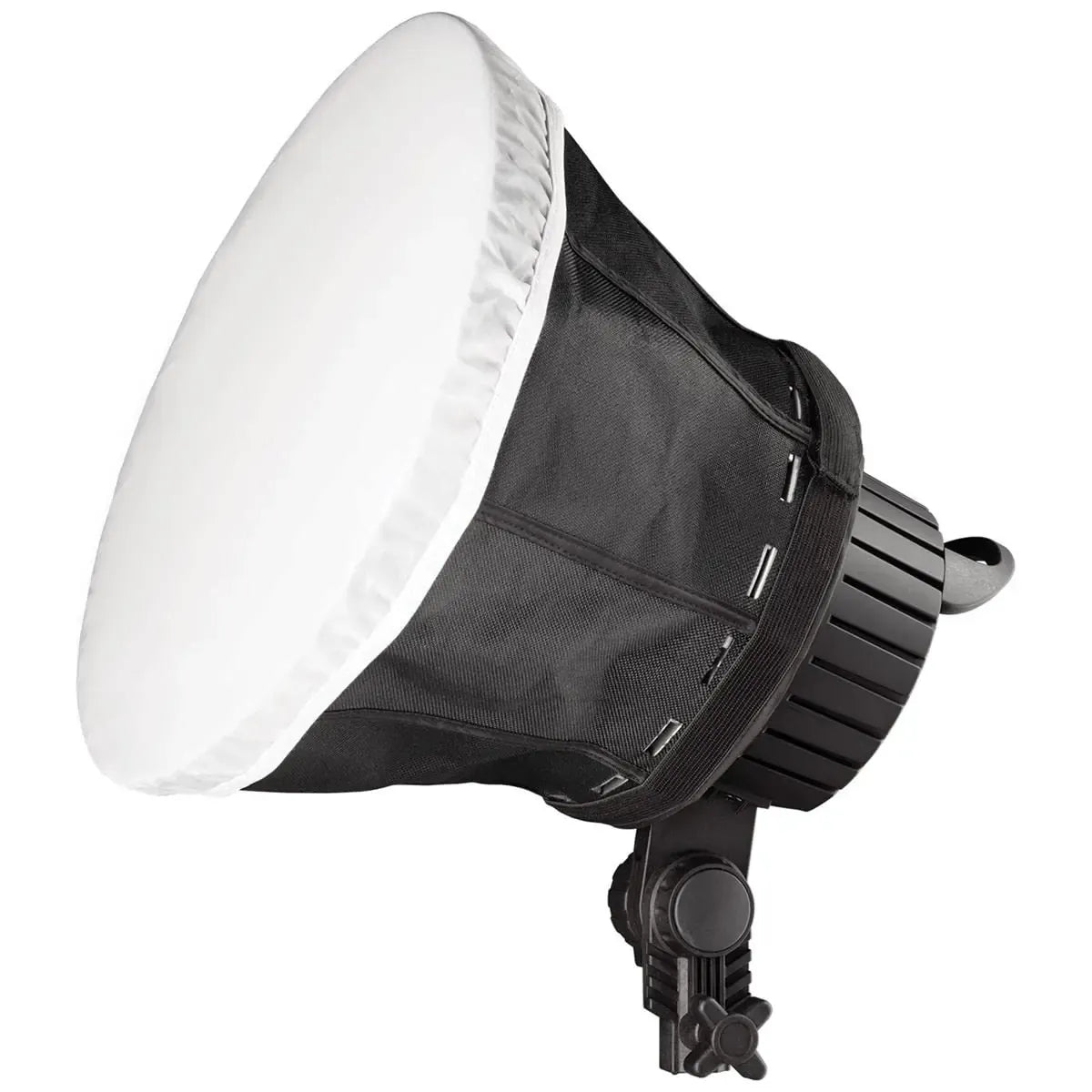 Black studio light with white reflector on a white background