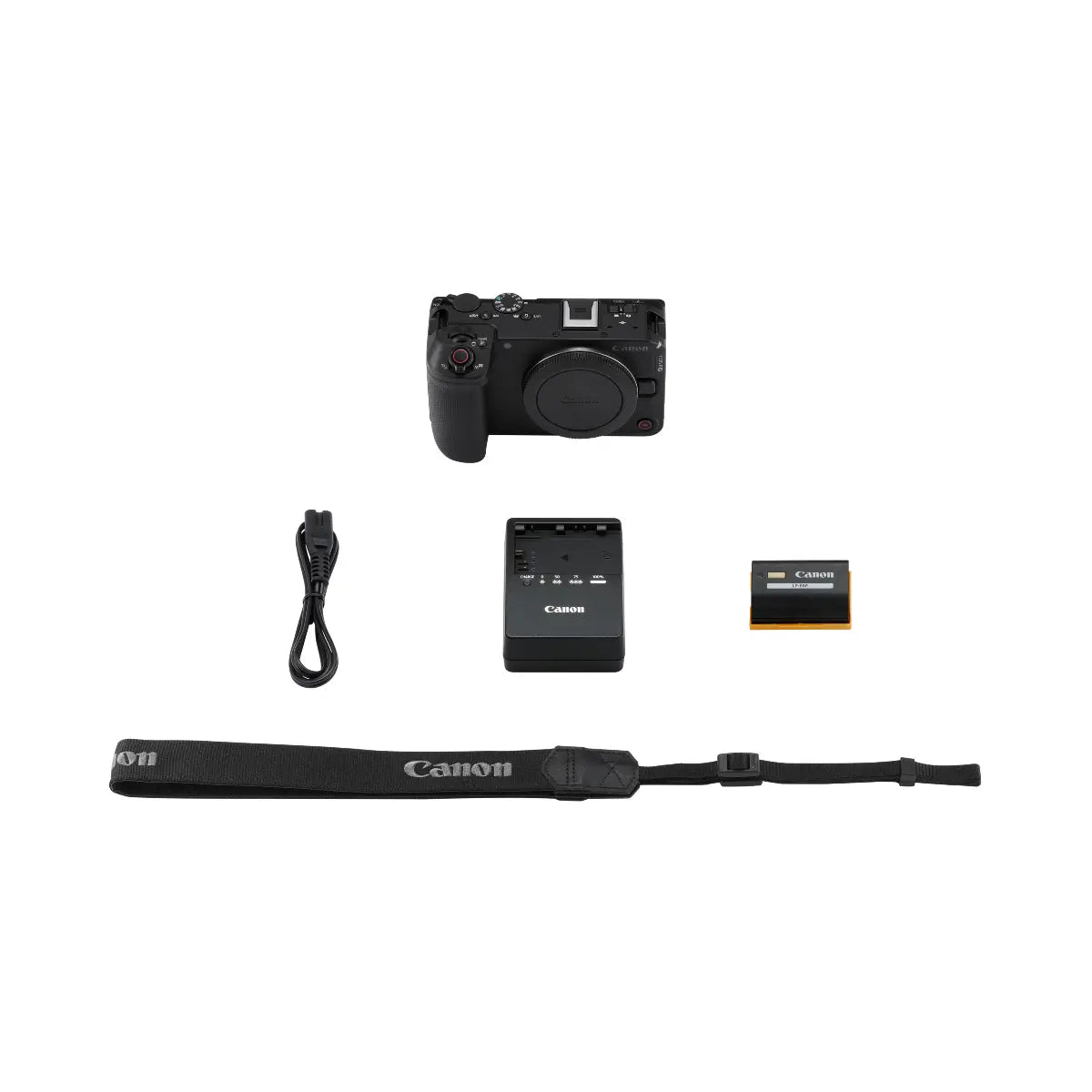 Canon camera with accessories on a white background