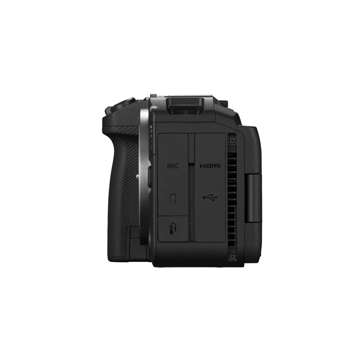 Black camera body with ports on a white background
