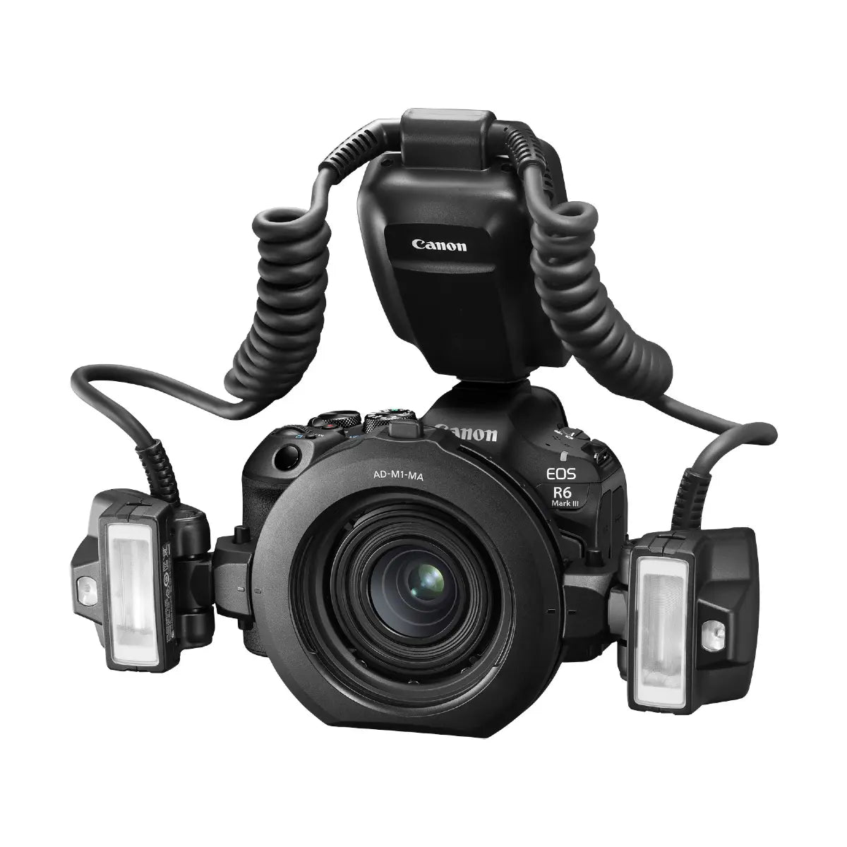 Canon camera with various attachments on a white background