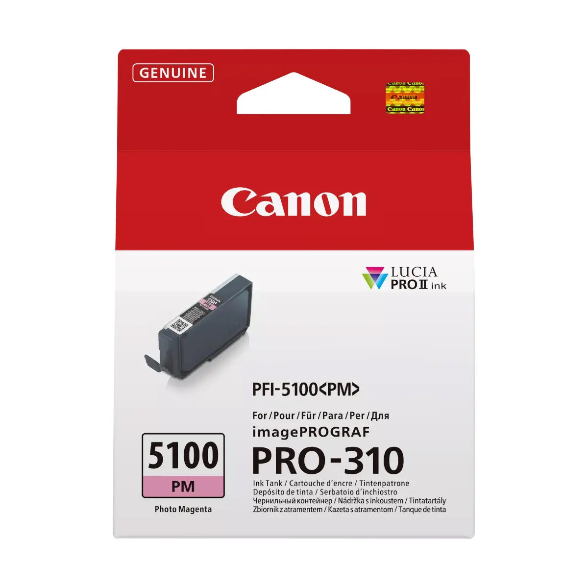 Canon PFI-5100 photo magenta ink cartridge packaging on a white background