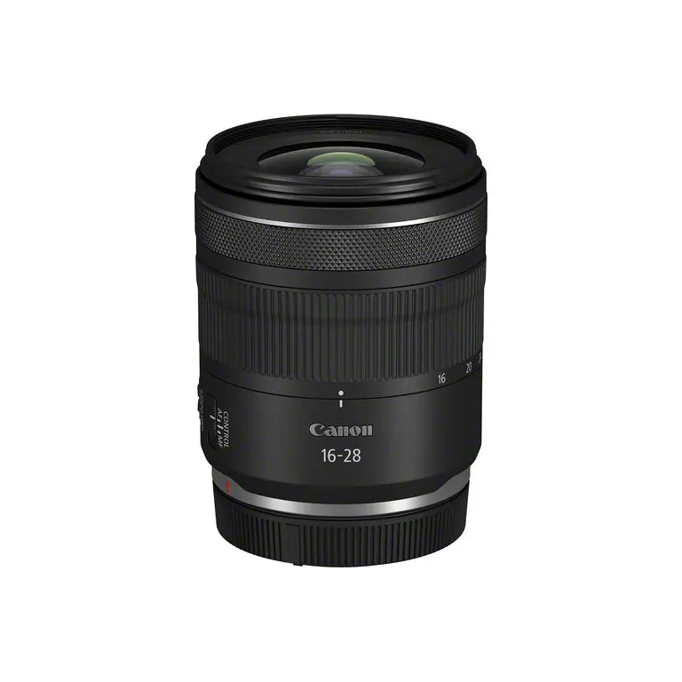 A Canon RF 16-28mm F2.8 IS STM lens, showing its black color and the zoom and focus rings.