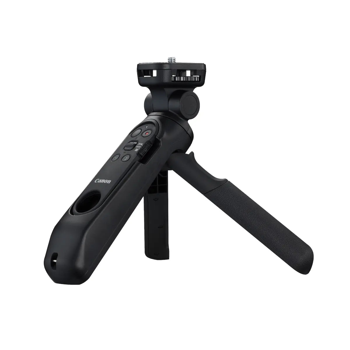 Black handheld tripod with remote control on a white background