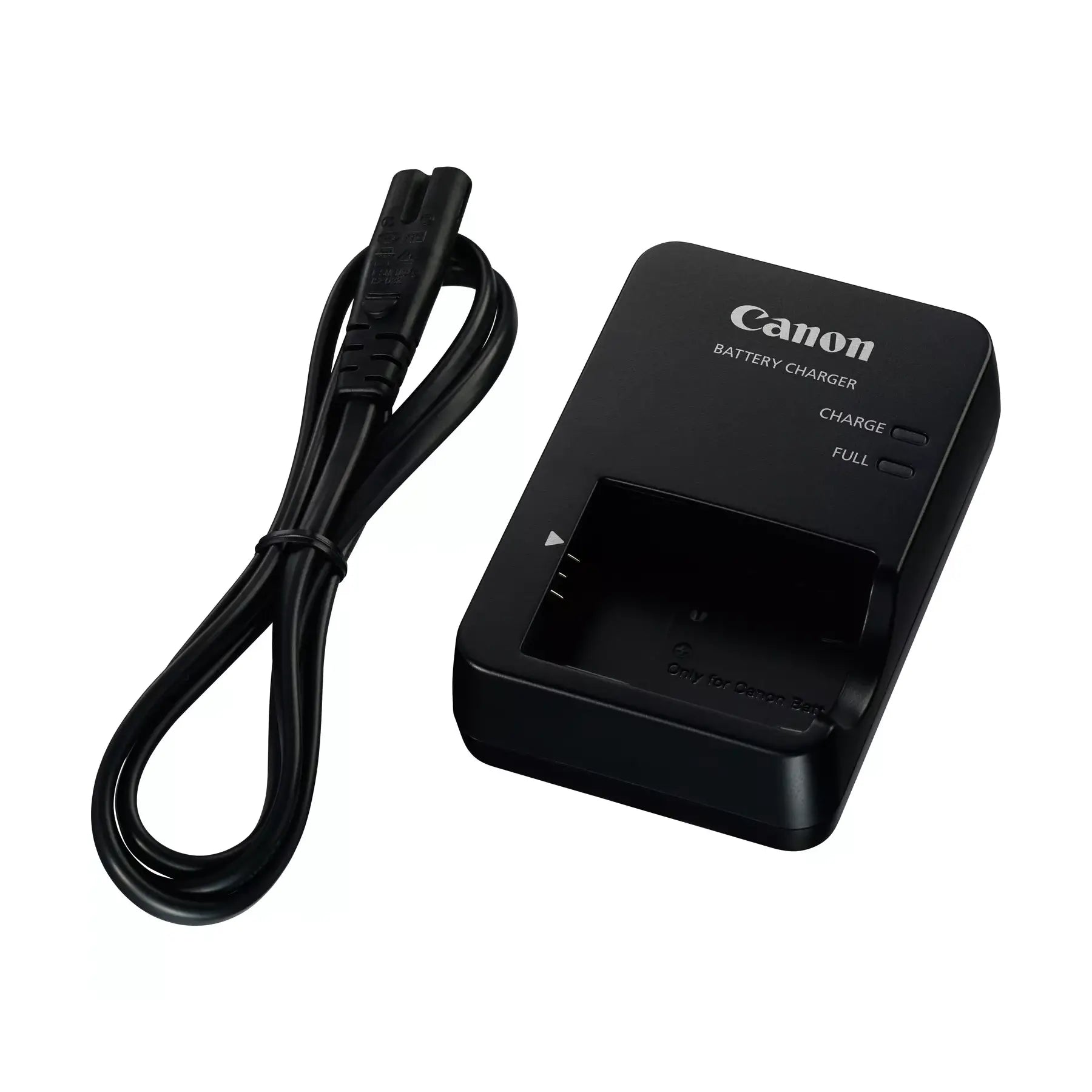 A Canon CB-2LHE compact battery charger with a black color scheme, featuring a clear view of the charger's status with LED indicators, and a attached power cord.