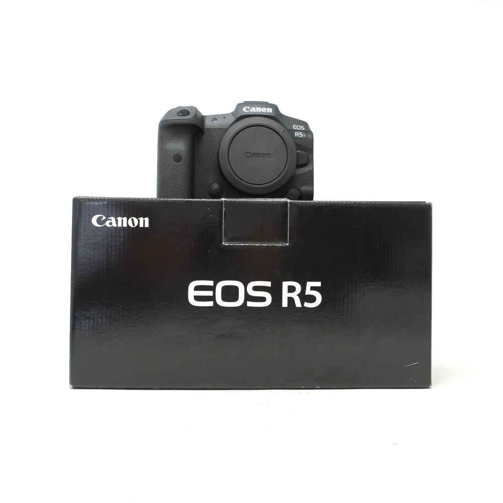 Canon EOS R5 camera on a black stand with 'Canon' and 'EOS R5' branding.