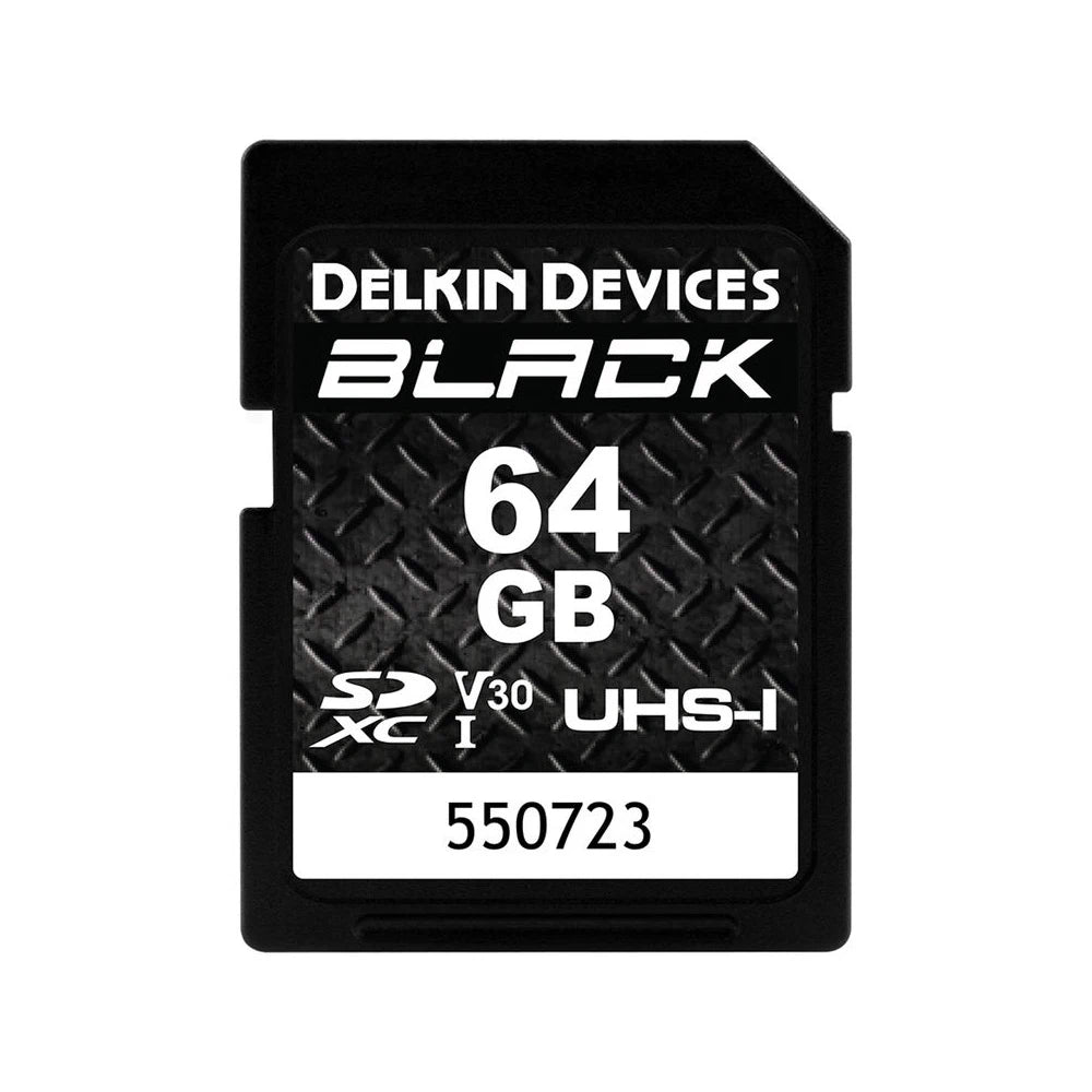 Delkin Devices 64GB SD card on a white background