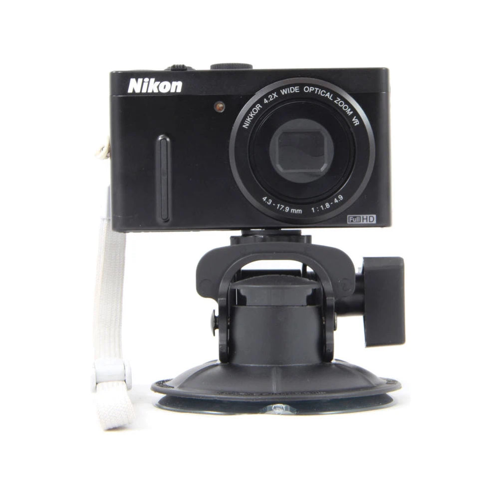 Nikon digital camera with a suction cup mount on a white background