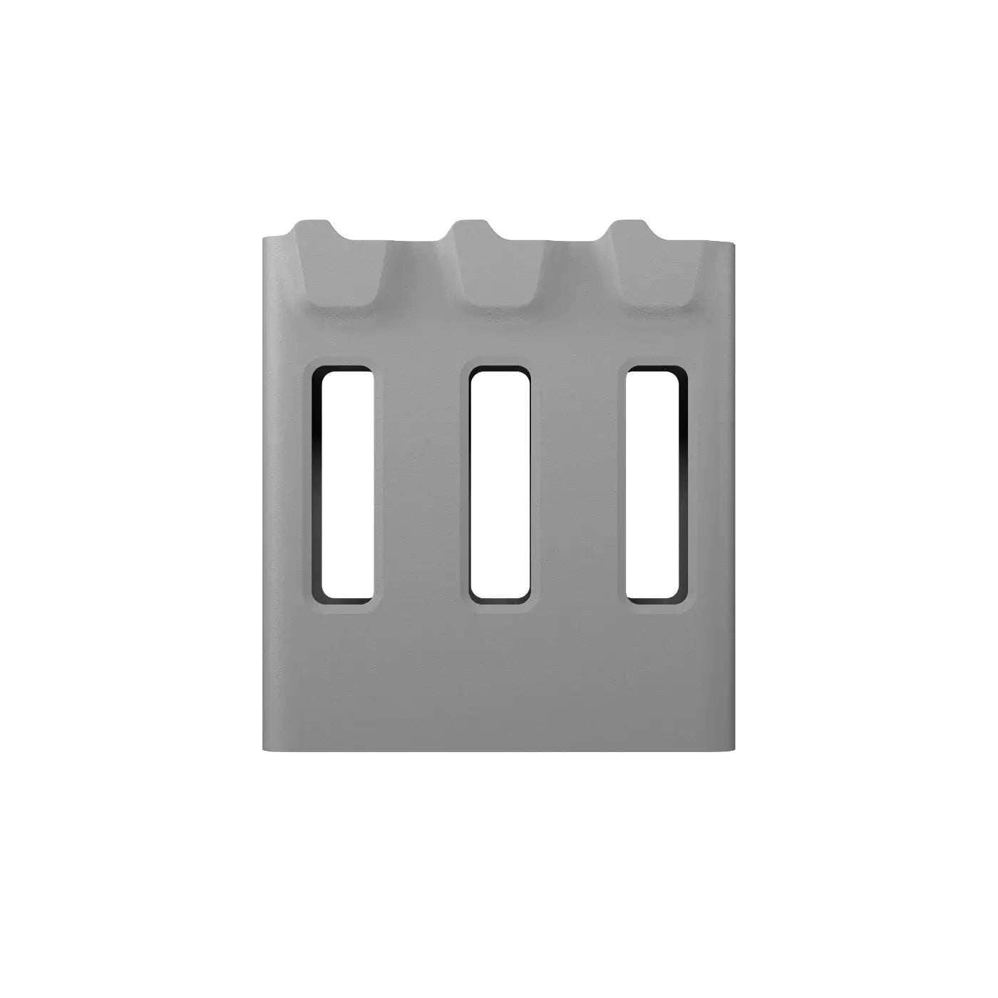 Gray plastic component with cut-out slots on a white background
