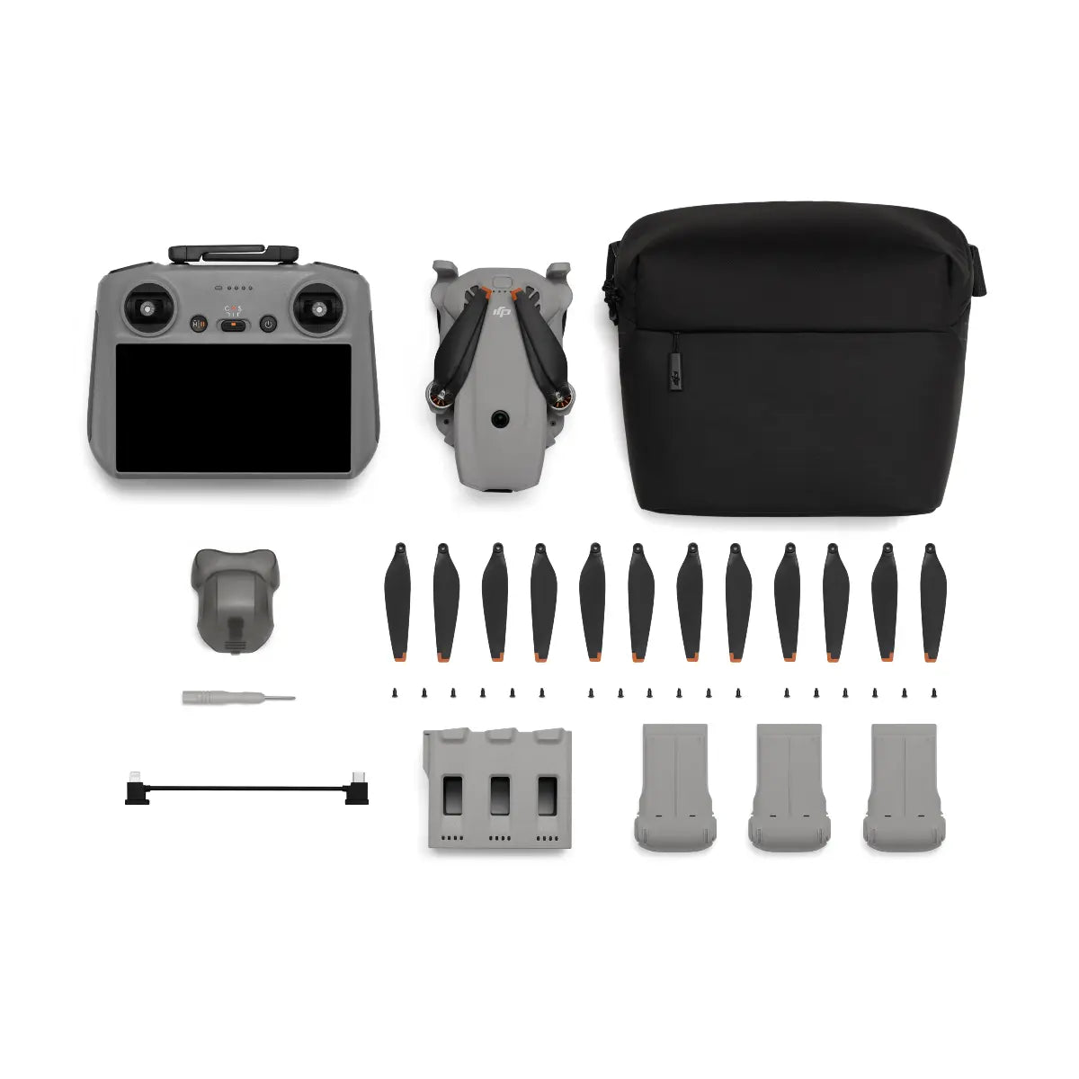 DJI Mavic 2 drone components including drone, remote control, battery, propellers, and carrying case on a white background.