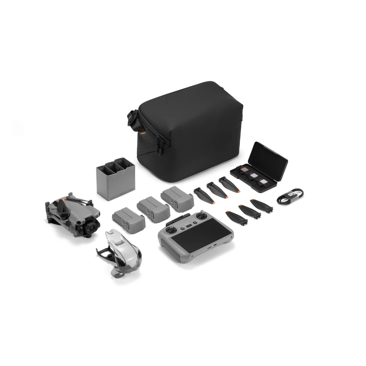 Collection of drone parts and accessories on a white background