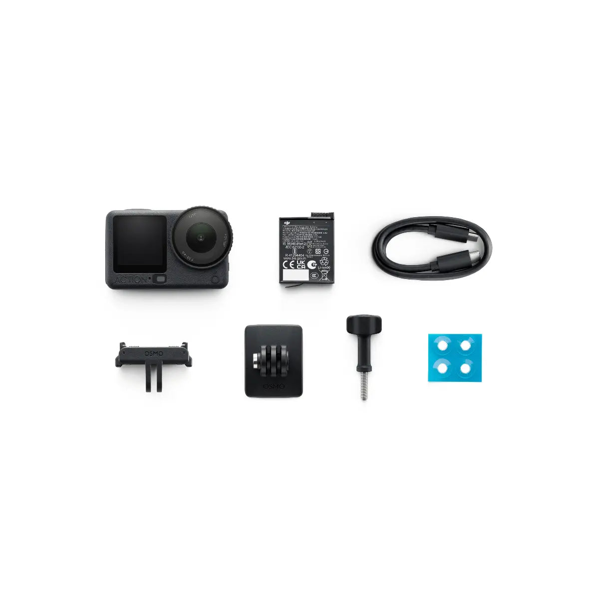 Collection of camera accessories including a camera, battery, cable, and mounting hardware on a white background.