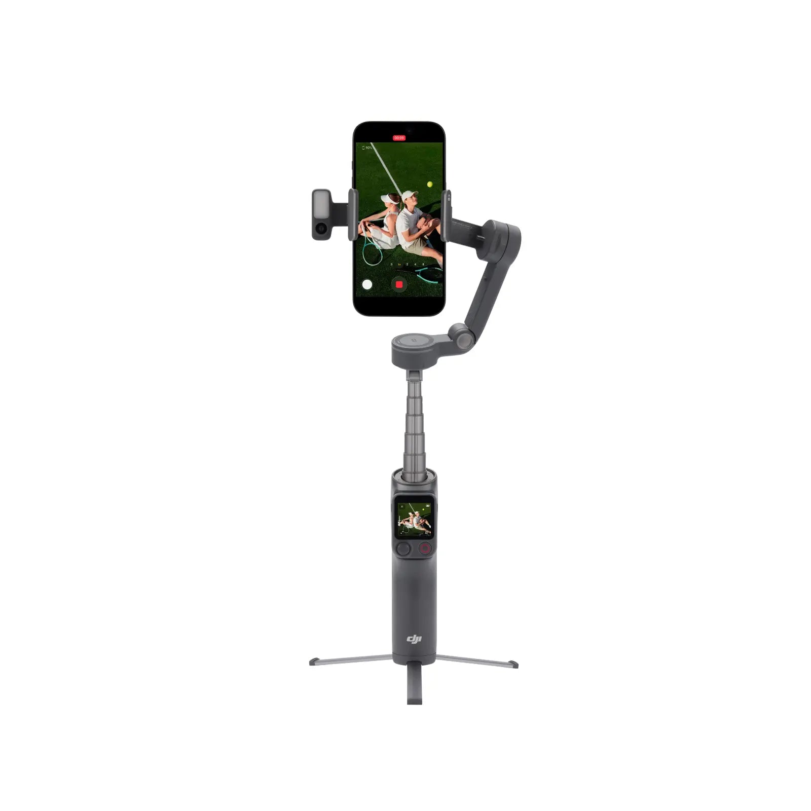 Phone holder with smartphone displaying a video on a white background
