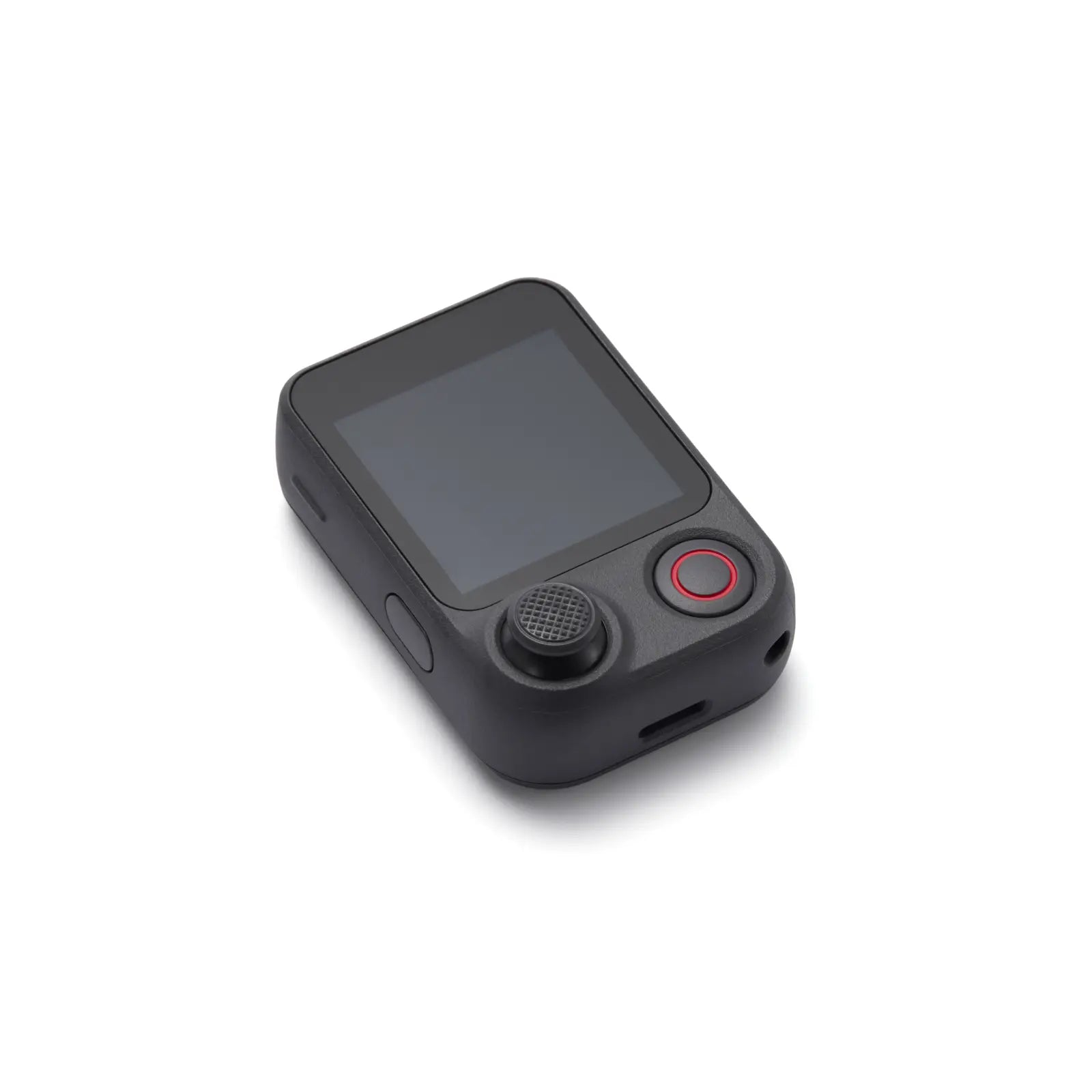 Black electronic device with a screen and red button on a white background