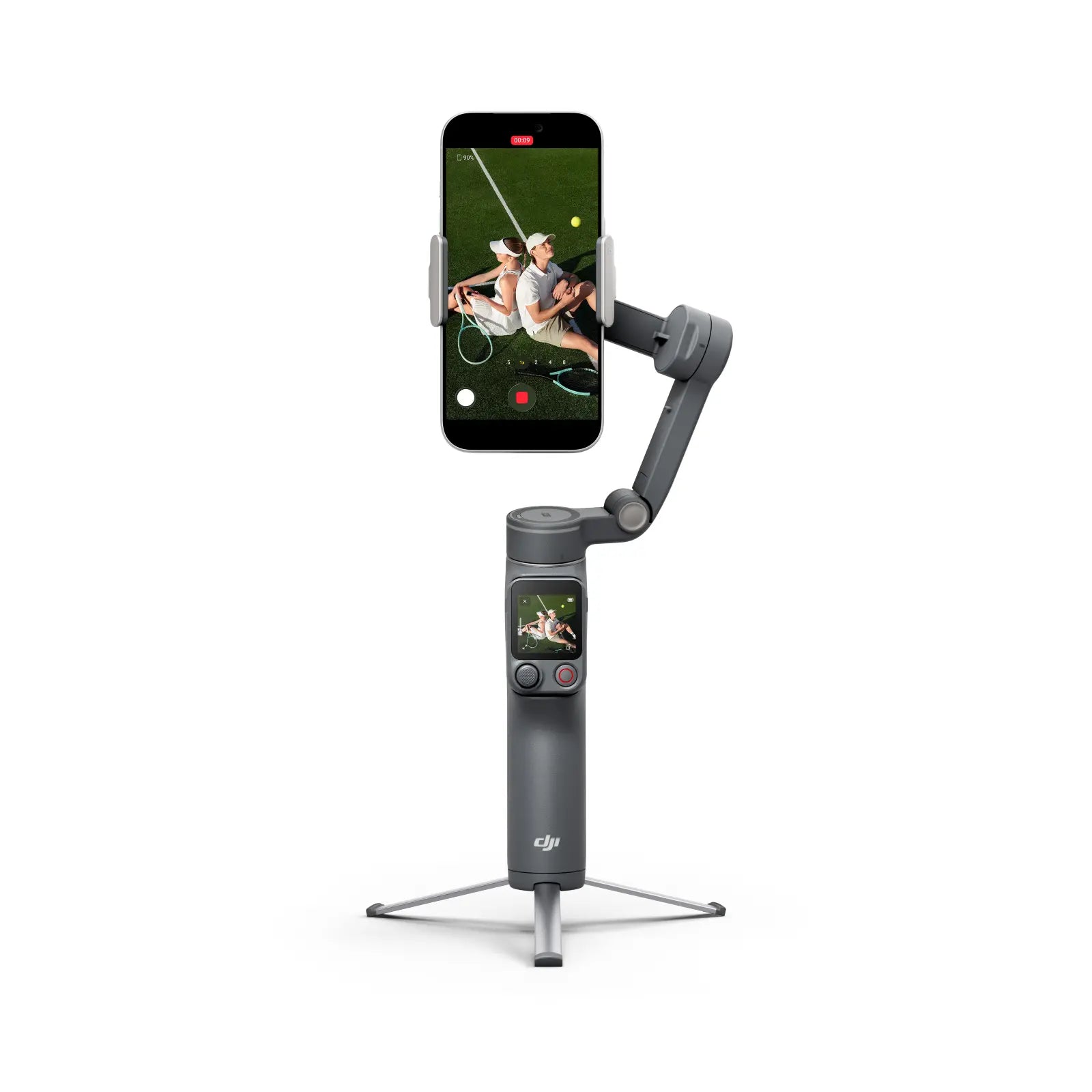 Phone holder with smartphone displaying a video on a white background