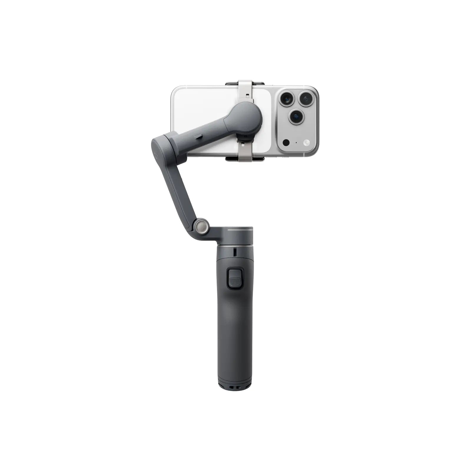 Handheld camera stabilizer with smartphone mount on a white background