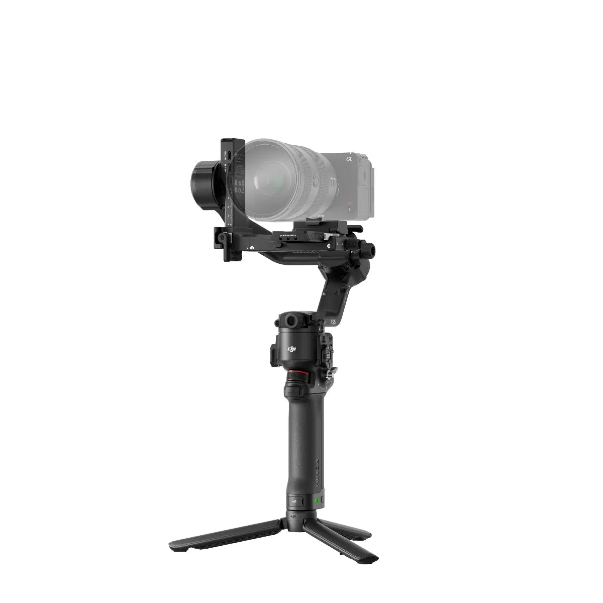 Camera stabilizer with a camera mounted on a white background
