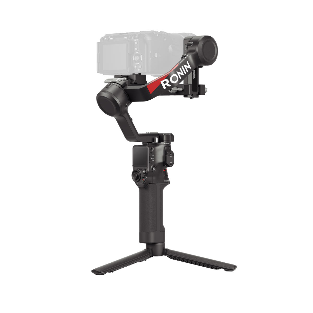 DJI RS 4 Gimbal stabilizer with a camera mounted on top, displayed on a stand, showcasing its design and structure.