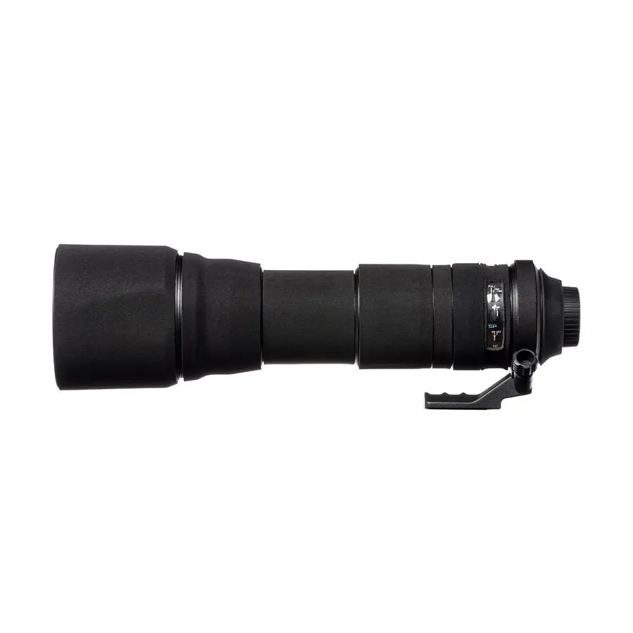 Black camera lens on a white background