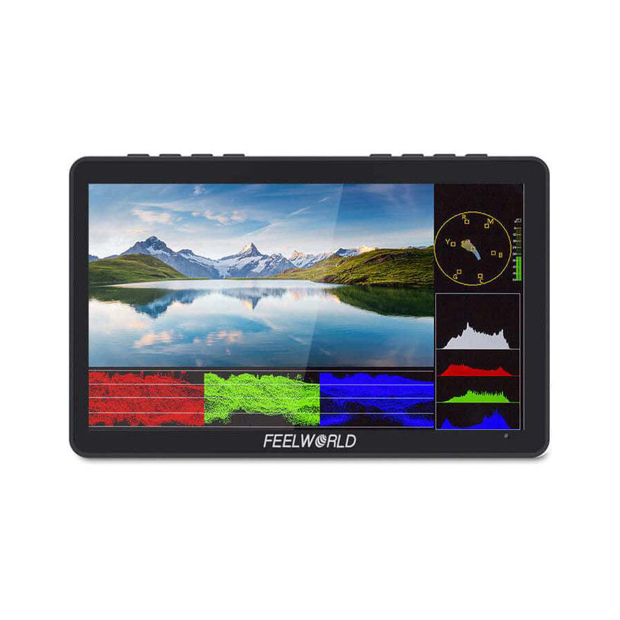 FeelWorld monitor displaying a mountainous landscape with color correction options on a white background