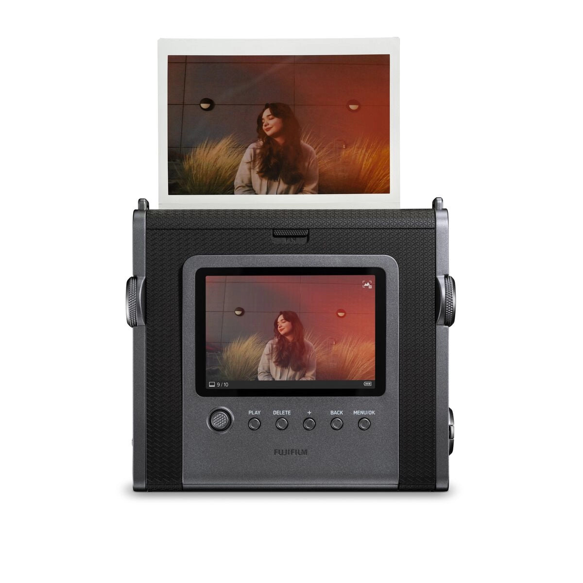 Fuji Instax Wide Evo Black Hybrid Instant Camera back angle with image coming out of camera