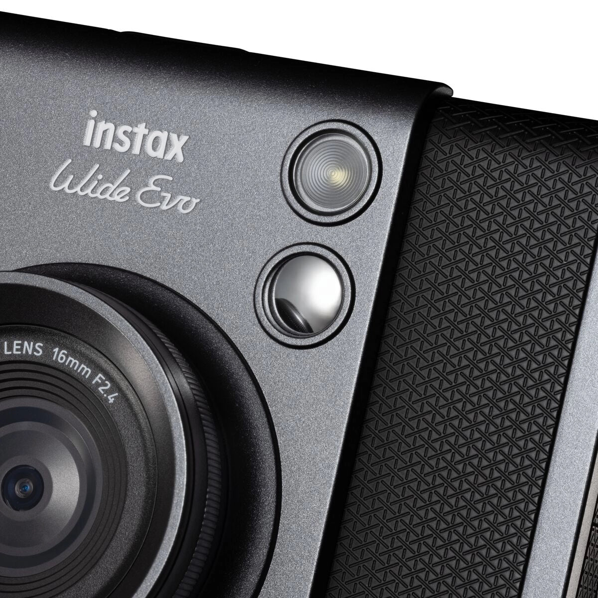 Fuji Instax Wide Evo Black Hybrid Instant Camera close up of camera flash