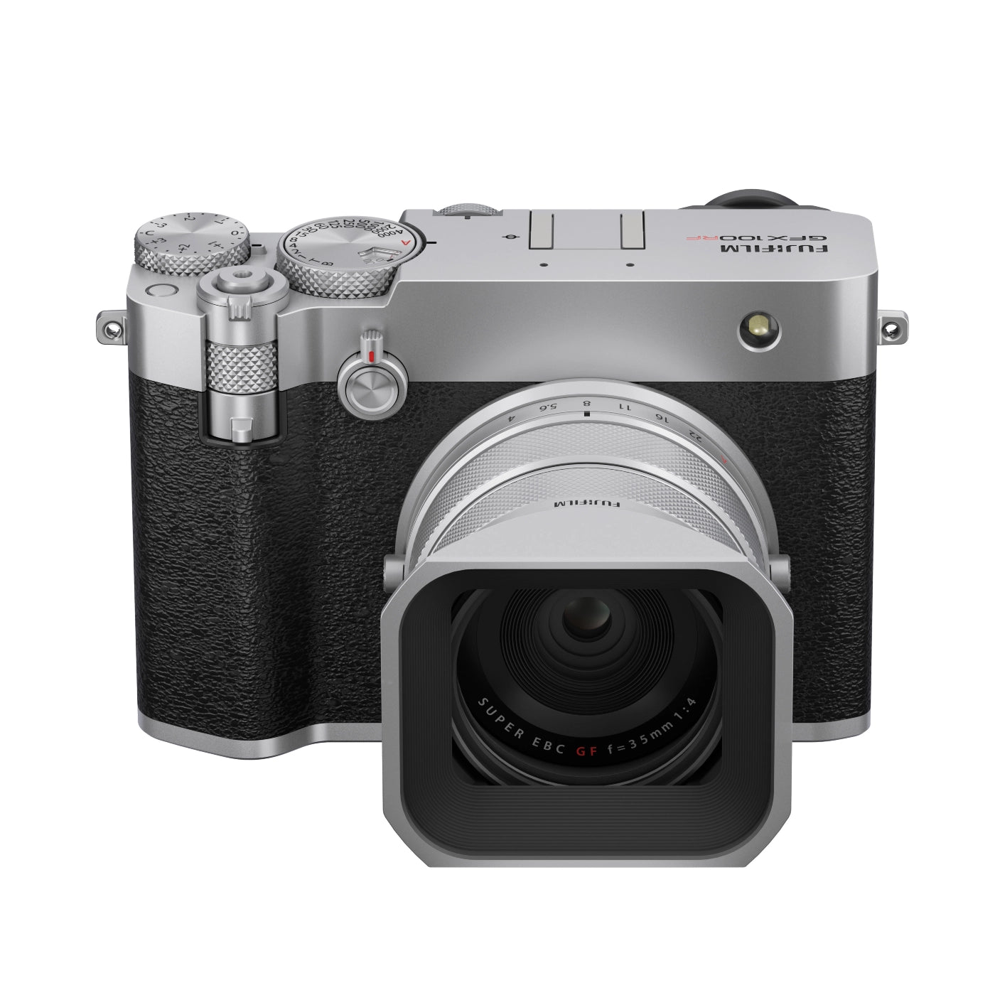 Fujifilm GFX 100 RF Fixed-Lens Medium Format Camera - Silver front with lens hood