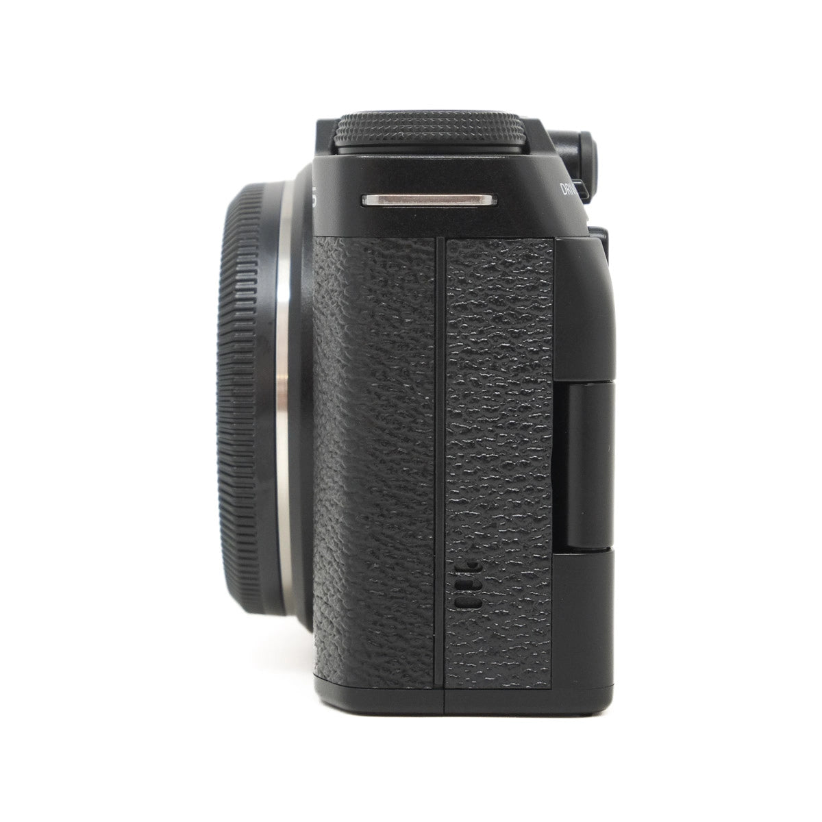Black camera body on a white background