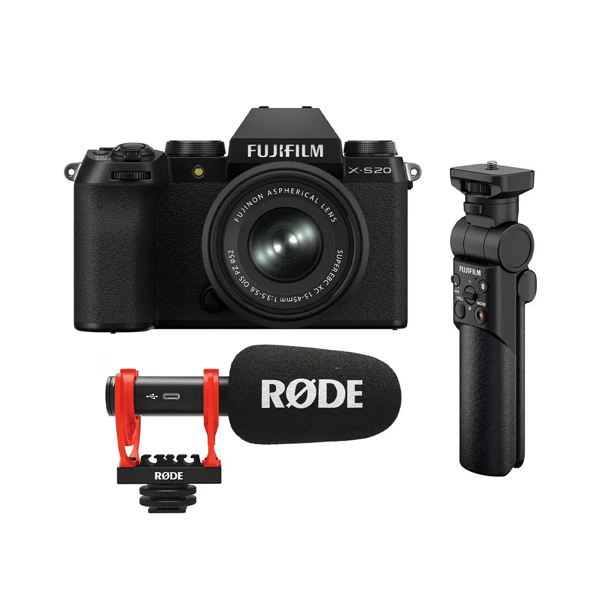 Fujifilm X-S20 Mirrorless Camera with XC 15-45mm Lens Vlogger Kit front with contents