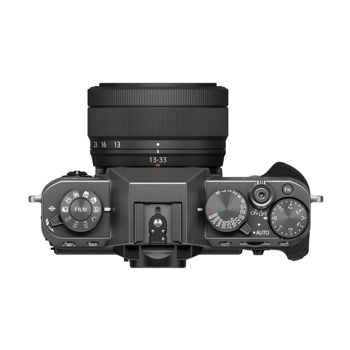 Top view of a black camera body with lens on a white background
