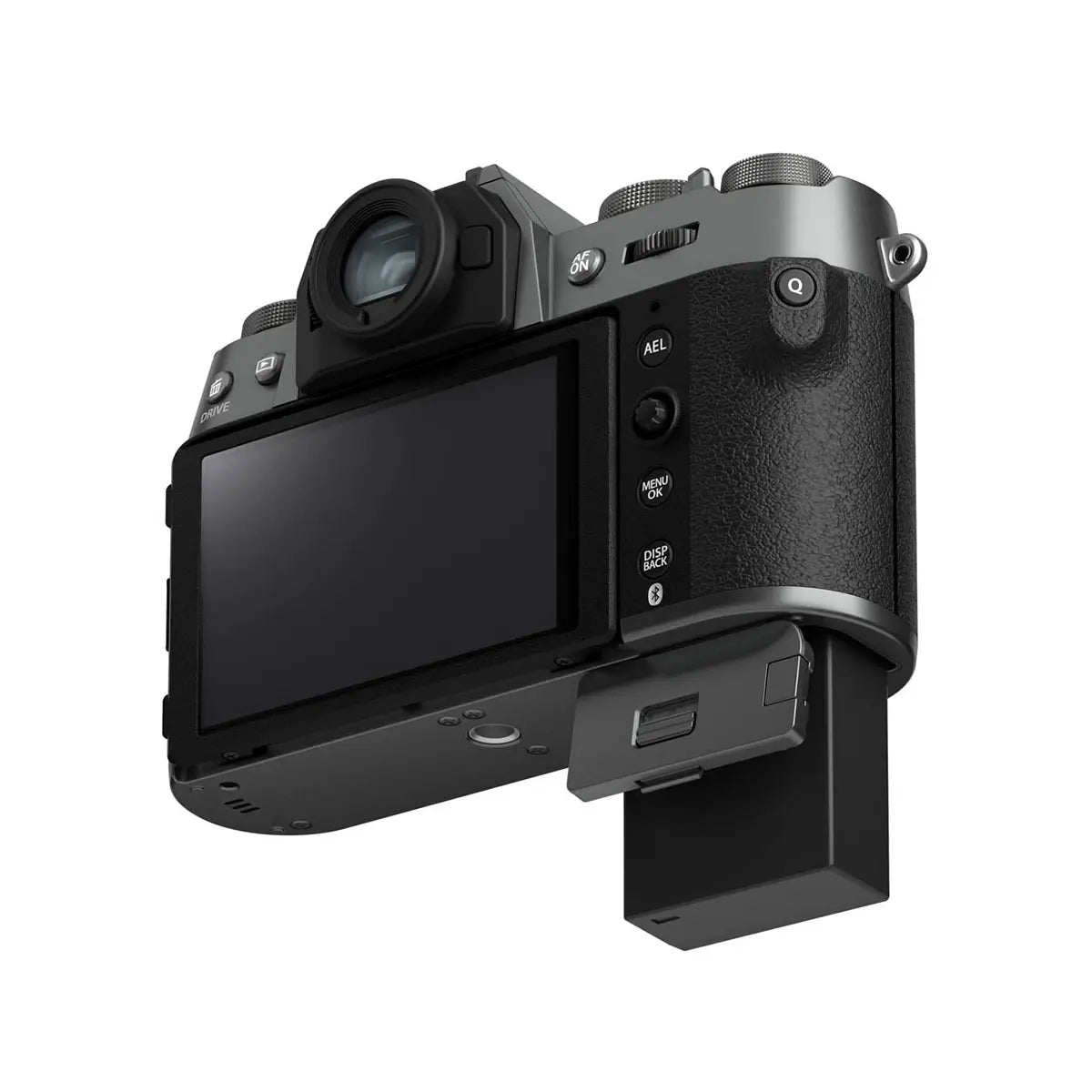 Fujifilm X-T50 Camera with XF 16-50mm F2.8-4.8 R LM WR Lens - Charcoal Silver bottom with battery door open