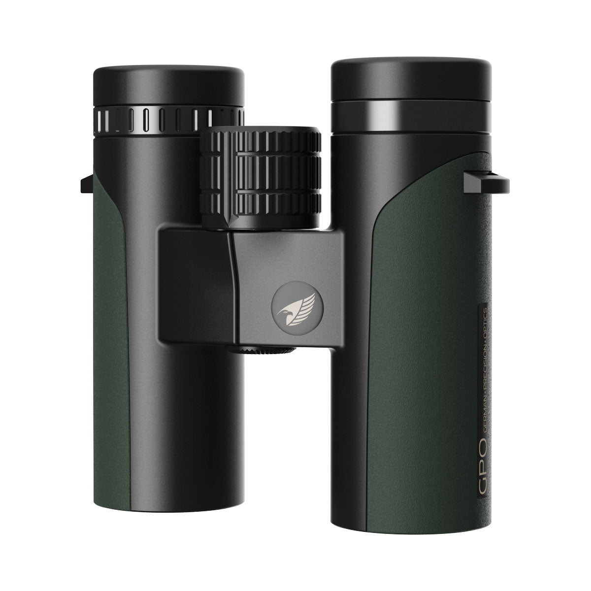 A pair of GPO Passion ED 8x32 Binoculars with black and green housing, displayed side by side.