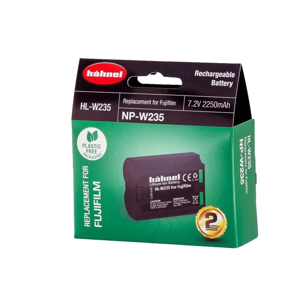 Packaging of Hahnel HL-W235 Battery, which is a replacement for Fujifilm NP-W235, displayed against a white background.
