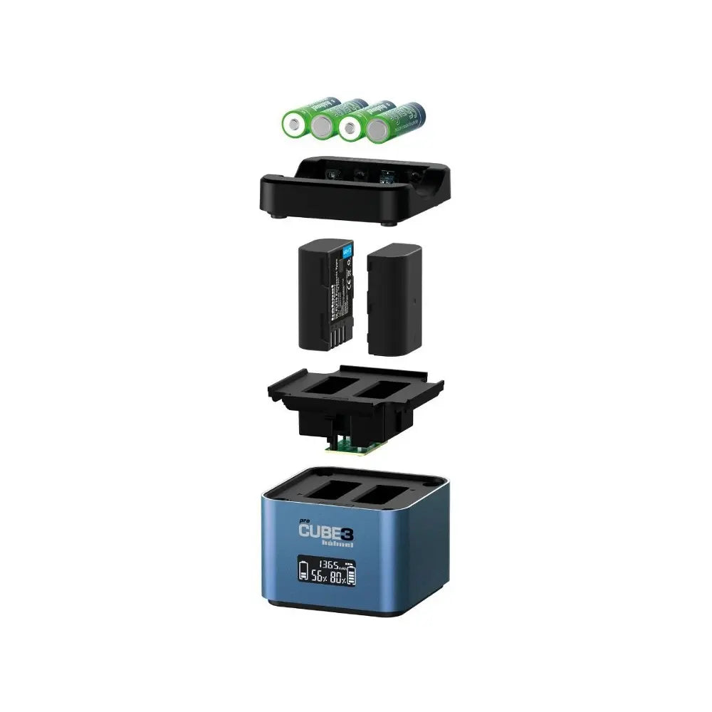 Battery charger and batteries on a white background