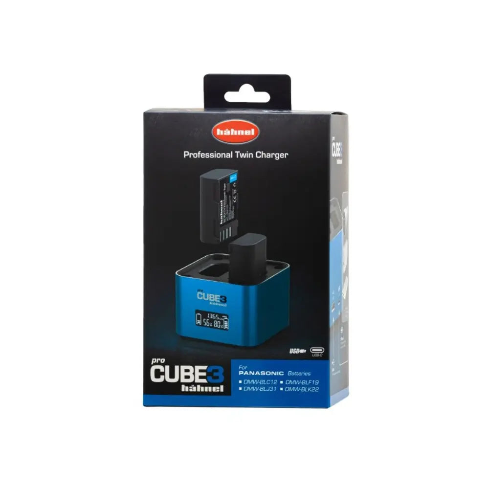 Hahnel Pro Cube 3 twin charger packaging on a white background