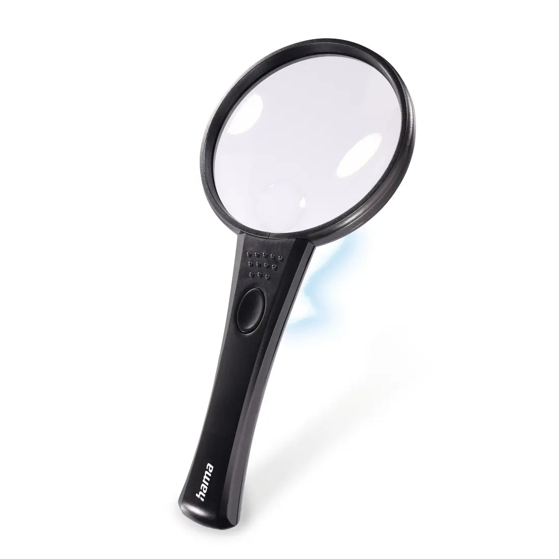 A black handheld magnifying glass with LED light, featuring a large lens and a handle.