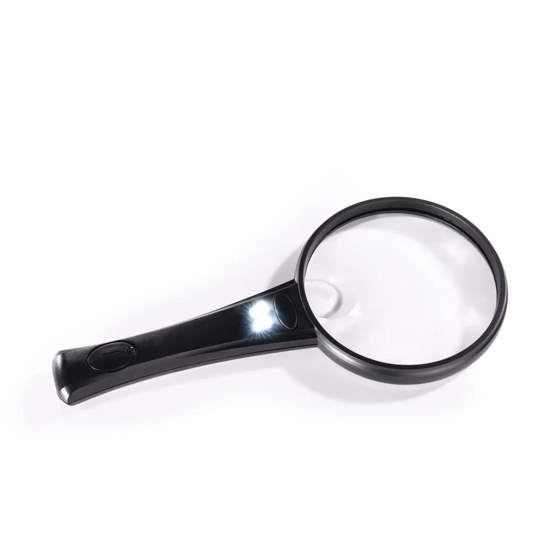 Black-handled magnifying glass on a white background