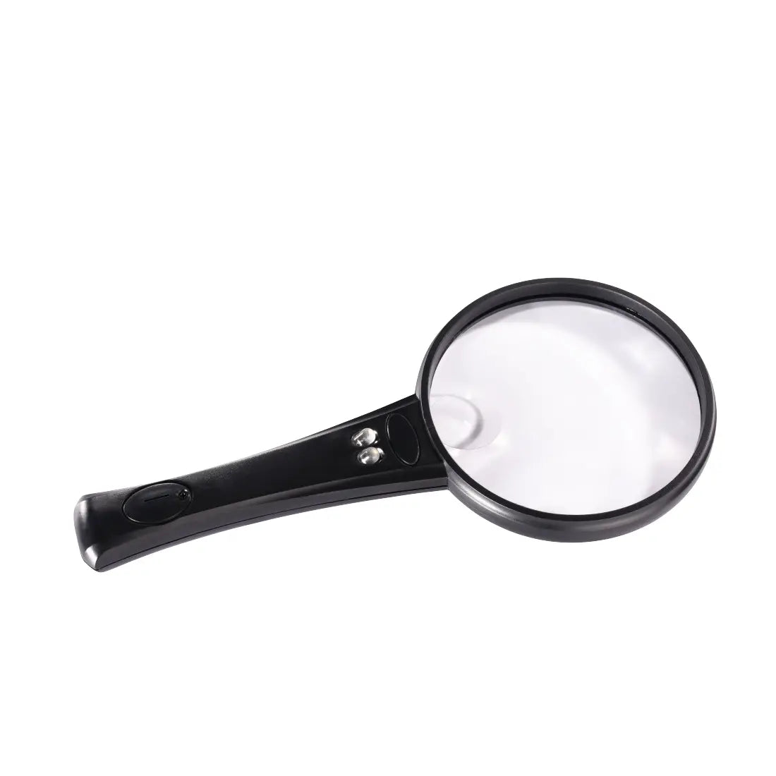 Black-handled magnifying glass on a white background