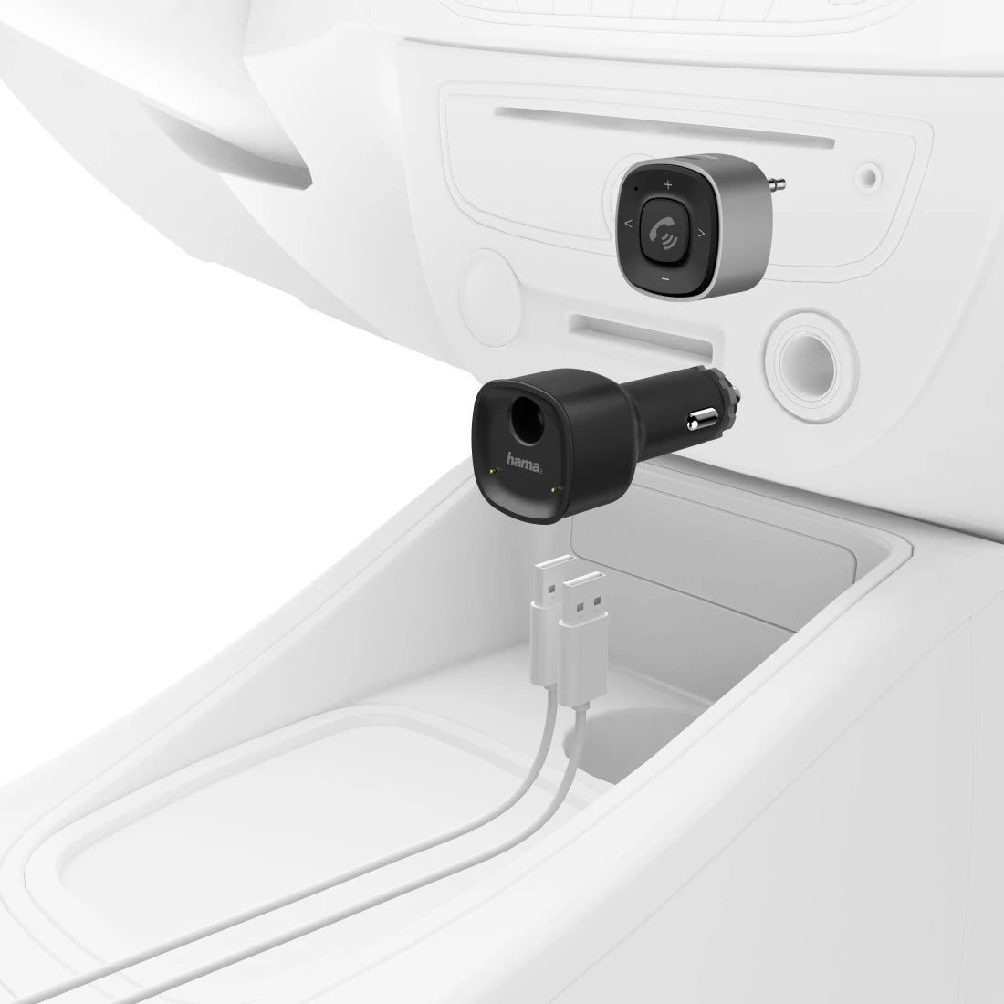 Car charger and camera mounted inside a vehicle's dashboard.