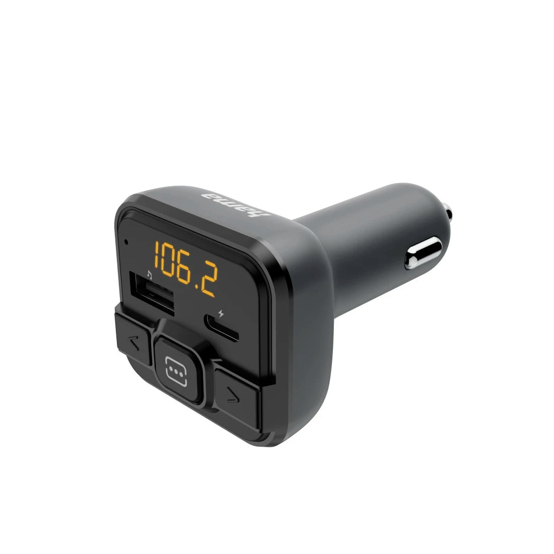Black car multimedia adapter with digital display on a white background