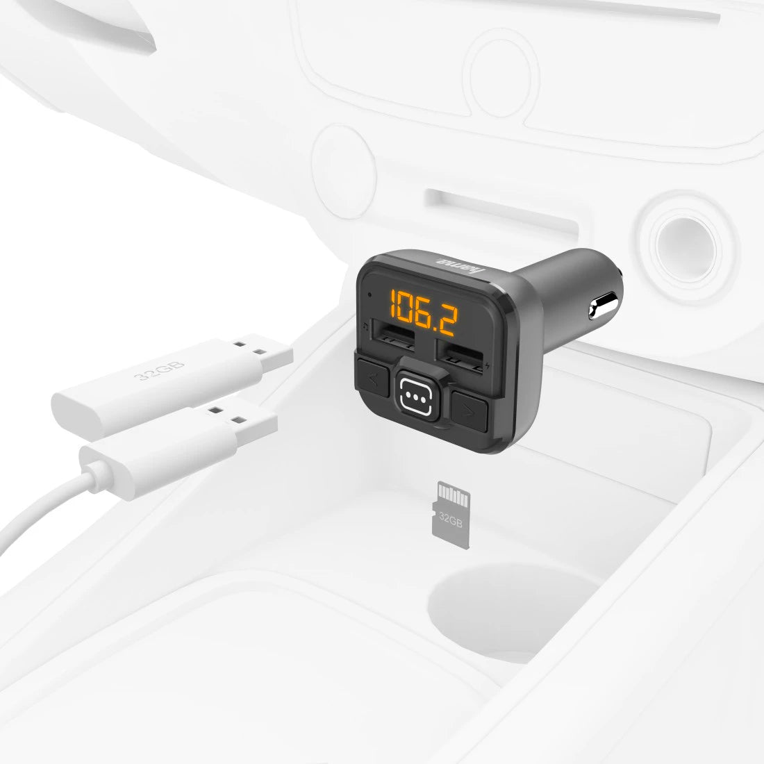 Car multimedia adapter with digital display on a white car interior background