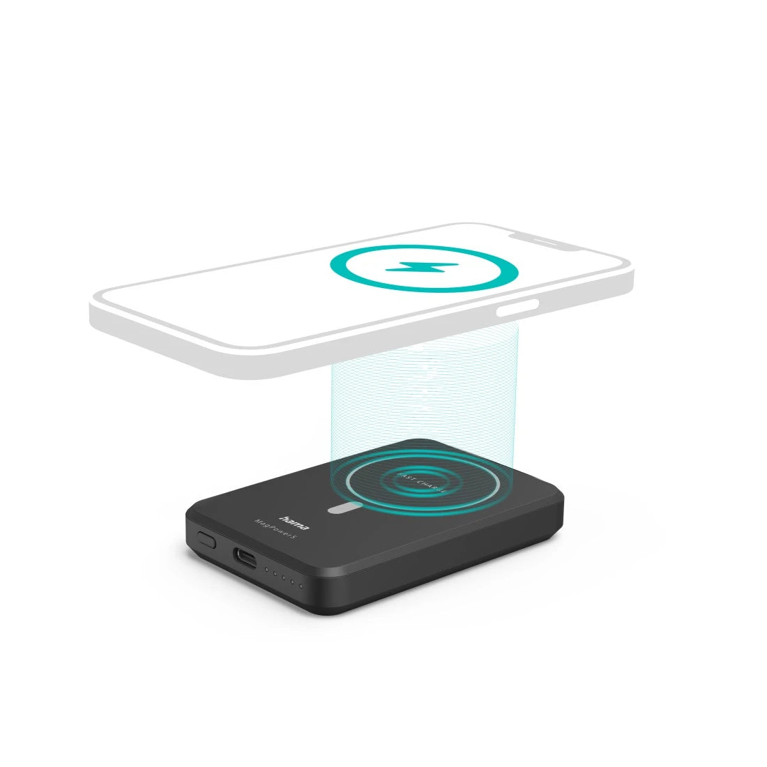 Wireless charging pad with smartphone on a white background
