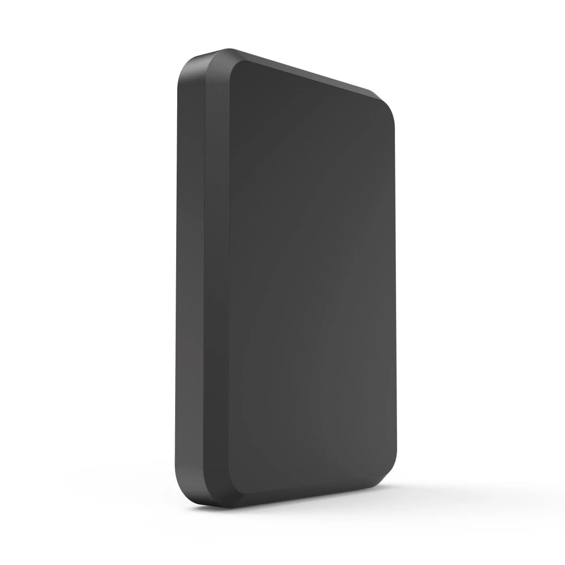 Black external hard drive on a white background