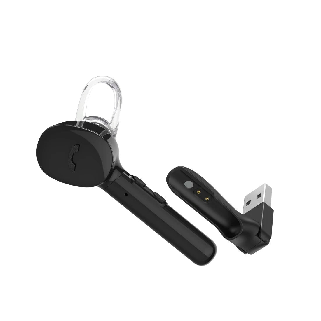 Black wireless earbud and charging case on a white background