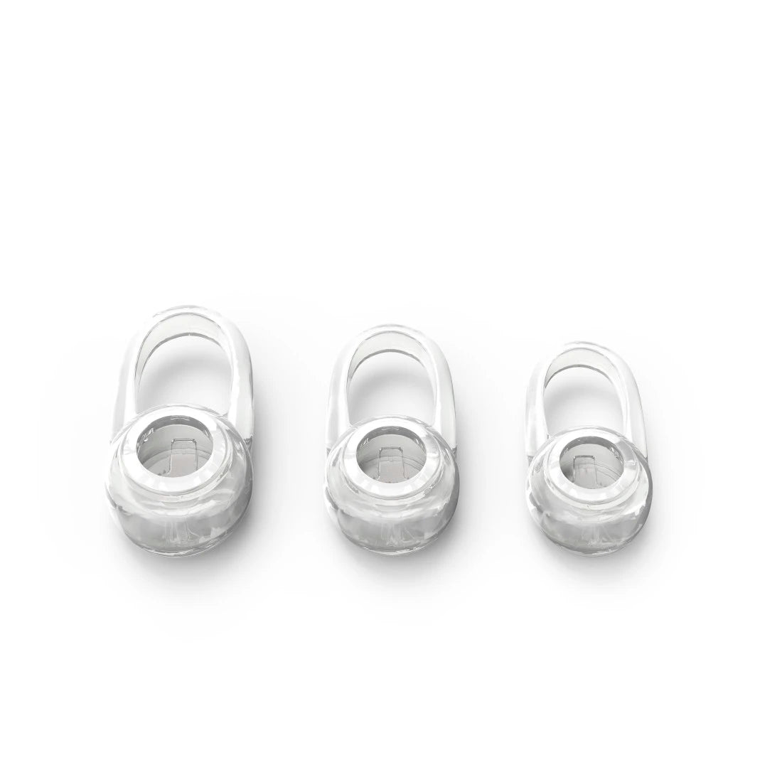 Three white wireless earbuds on a light gray background