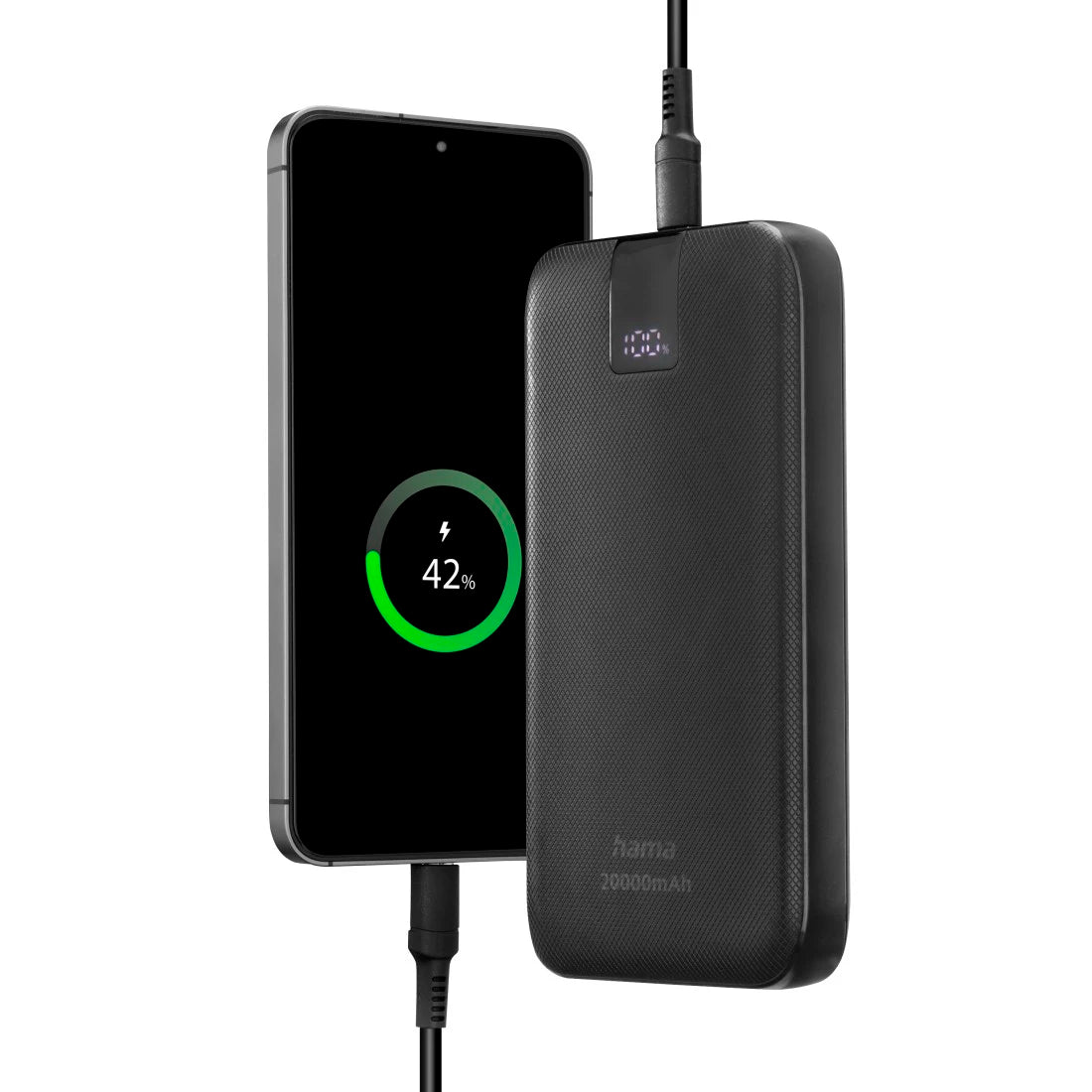 Black power bank connected to a smartphone on a white background