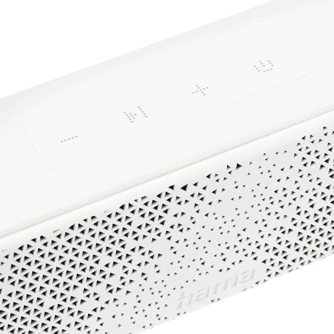 Close-up of a white electronic device with a geometric pattern on a white background