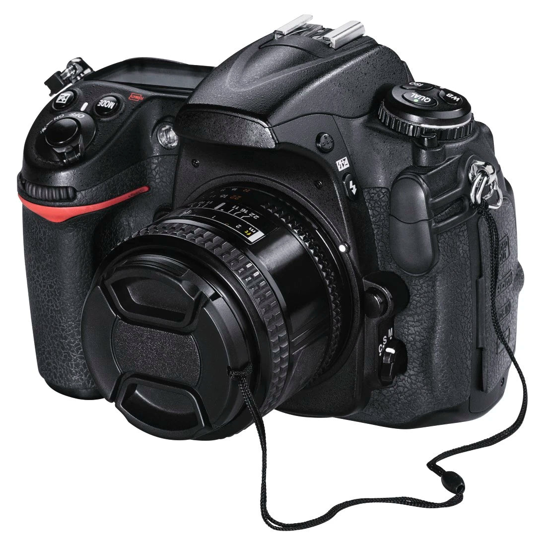 Black DSLR camera with lens cap on a white background